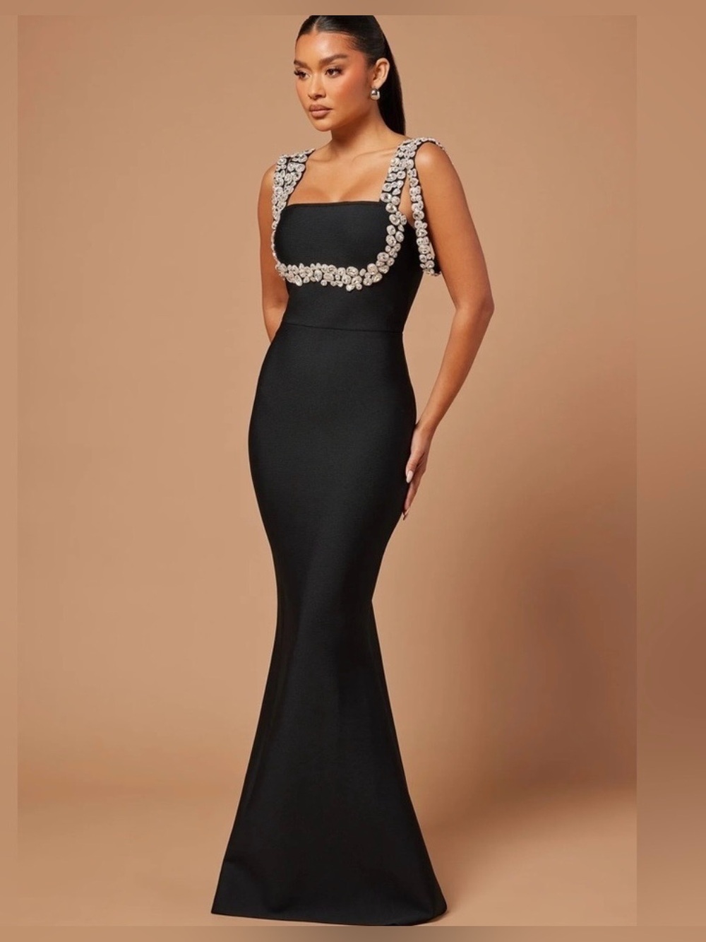 Fashion Nova Black Maxi Dress with Crystal-Strap Detail